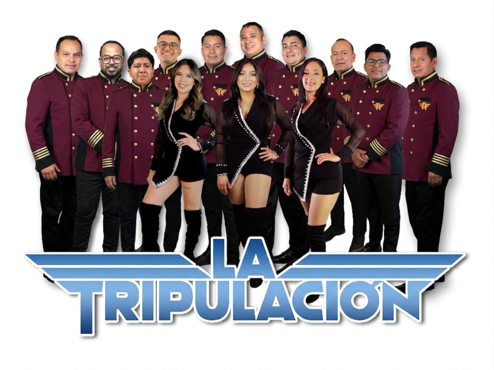 Los integrantes de Grupo La Tripulación con uniforme guinda y negro